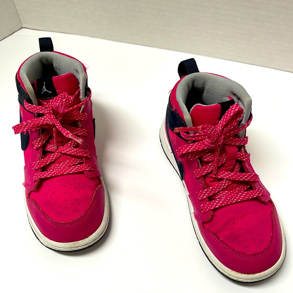 Toddler Girl Pink and blue Air Jordan high top gym shoes size 9C. US Size